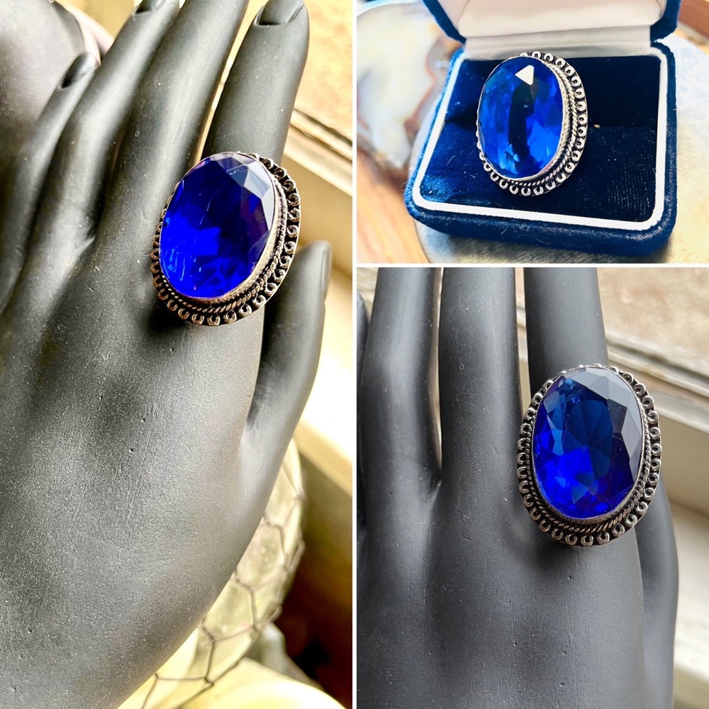 Gorgeous Regal Silver 925 Royal Blue Tanzanite Statement Cocktail Ring 9.5-10